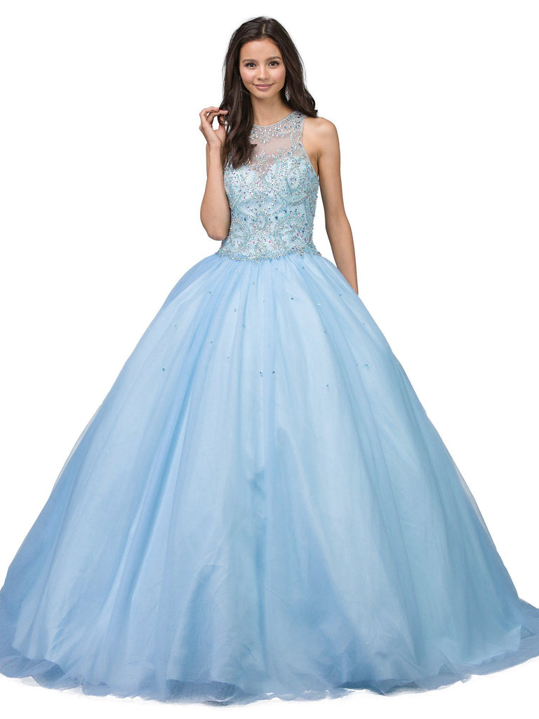 Sky Blue Jeweled Illusion Ball Gown by ...